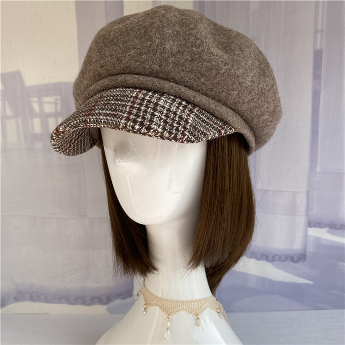 Premium Australian Wool Newsboy Cap - Mocha with Plaid Brim Mspineapplecrafts