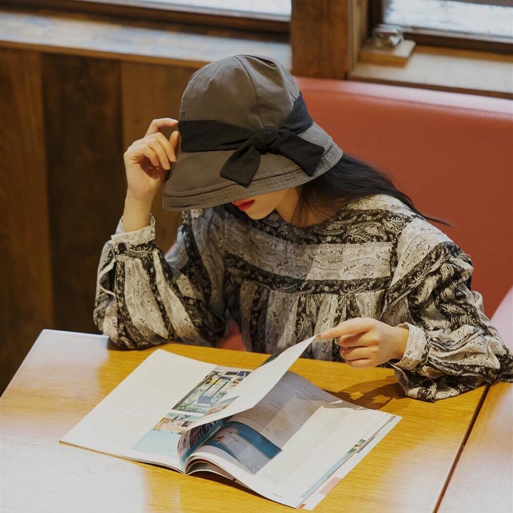 Wide Brim Bucket Hat with Bow Tie - Mspineapplecrafts