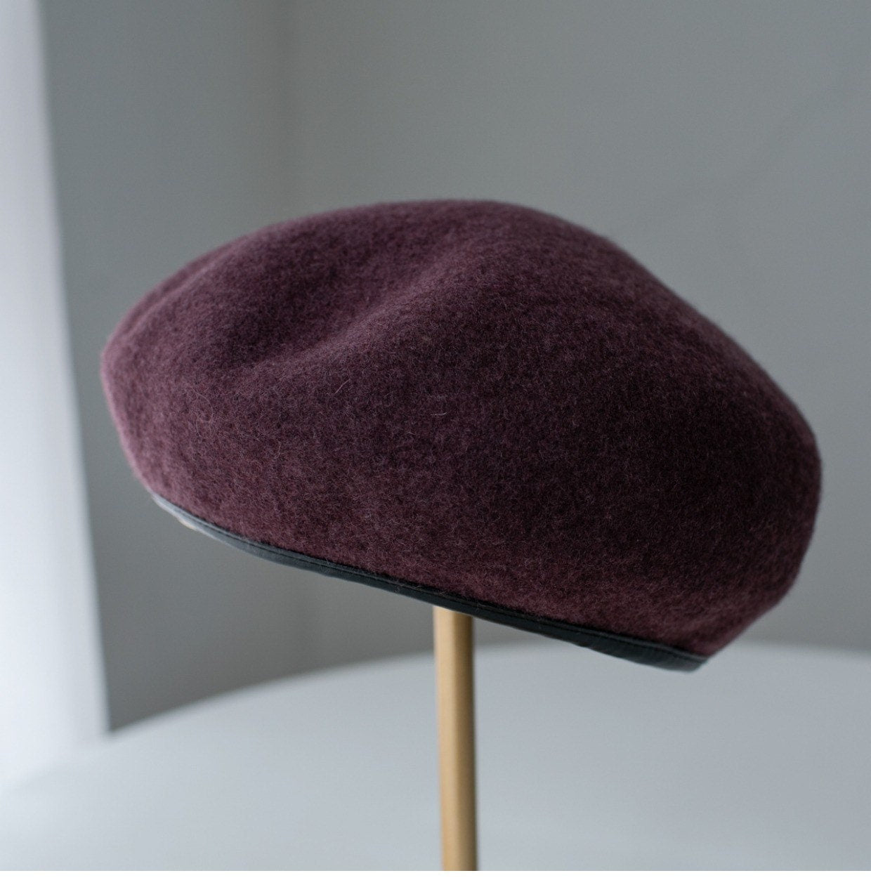 Neutral Colour Wool Beret With Leather Rim for Women.
