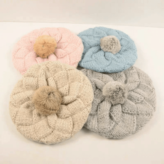 Slouchy Knitted Beret a hat with Pom Pom for Women/ Girl.