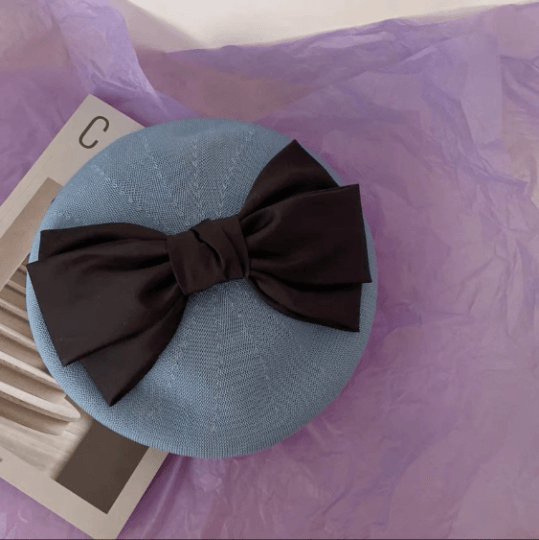 Handmade Solid Colour Beret Hat with Breathable Material with Bow Tie.