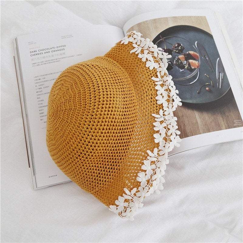 Bucket Straw Hat with Floral Lace for Women and Girls.