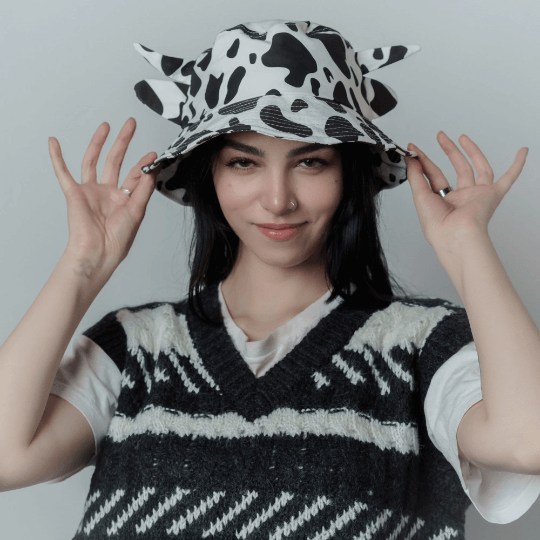 Cow print bucket hat.