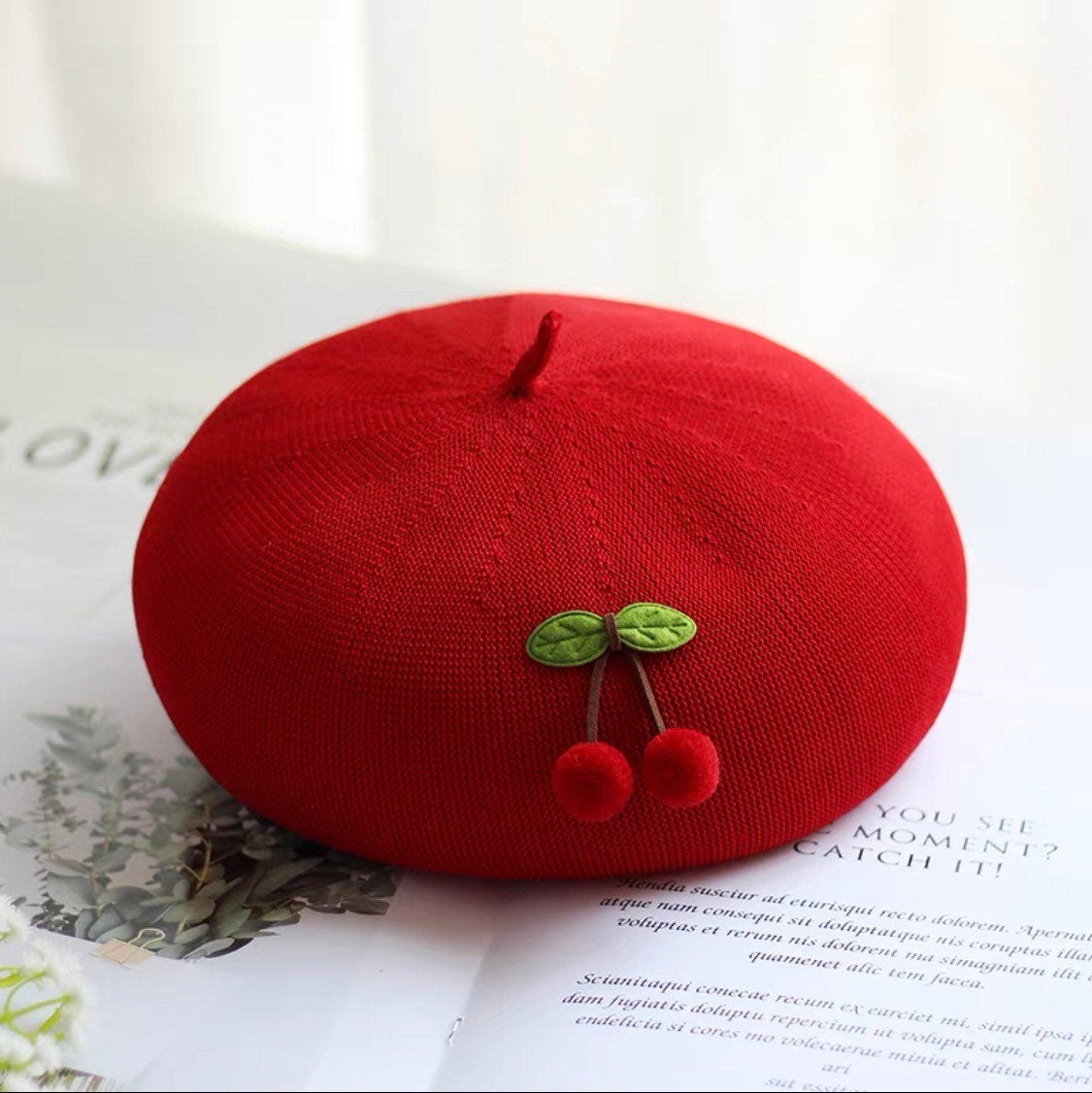 Cherry Beret Hat for Women and Girls.