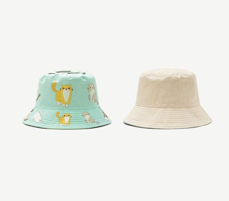 Reversible Cat Print Bucket Hat for Women and Girls.