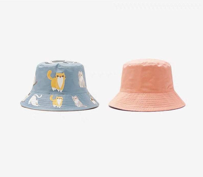 Reversible Cat Print Bucket Hat for Women and Girls.