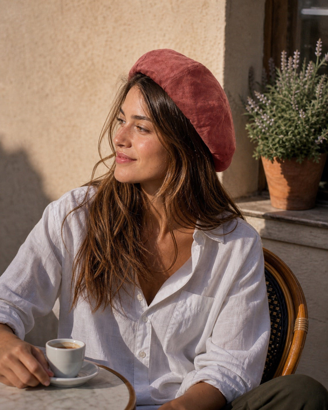 Woman wearing chestnut red linen French beret, side view