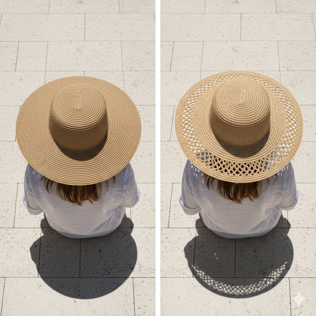 Sun protection hat shadow test - tight weave casts solid shadow vs loose weave casts dappled shadow