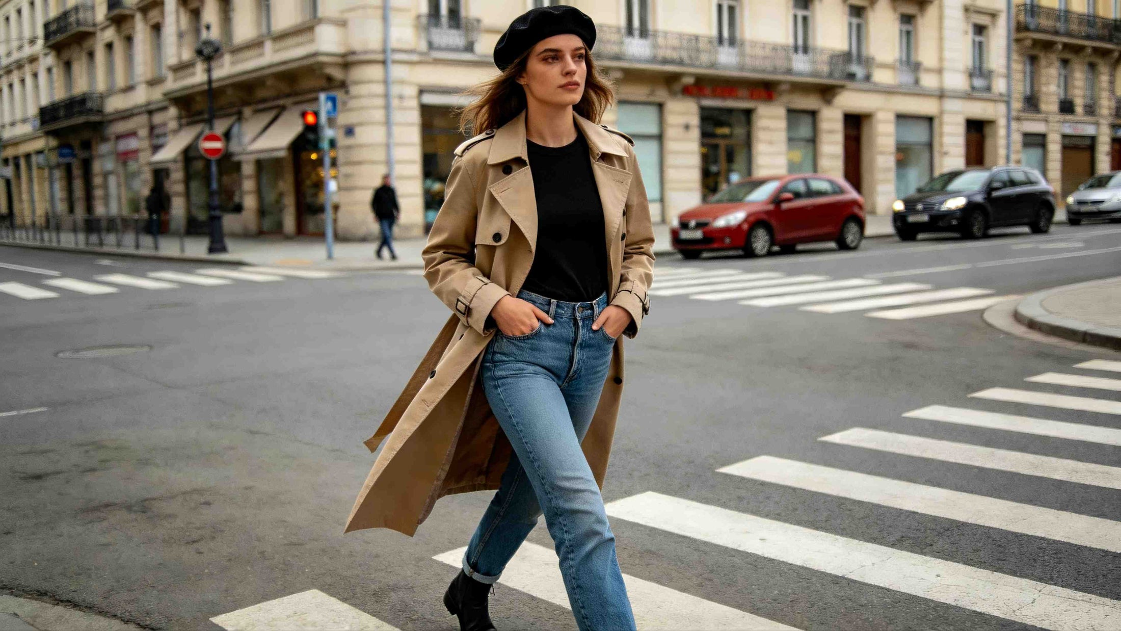 Woman styling a black beret with a trench coat, black top, and jeans