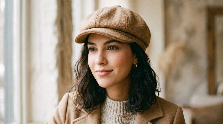 Woman wearing a brown paneled newsboy cap with a short brim