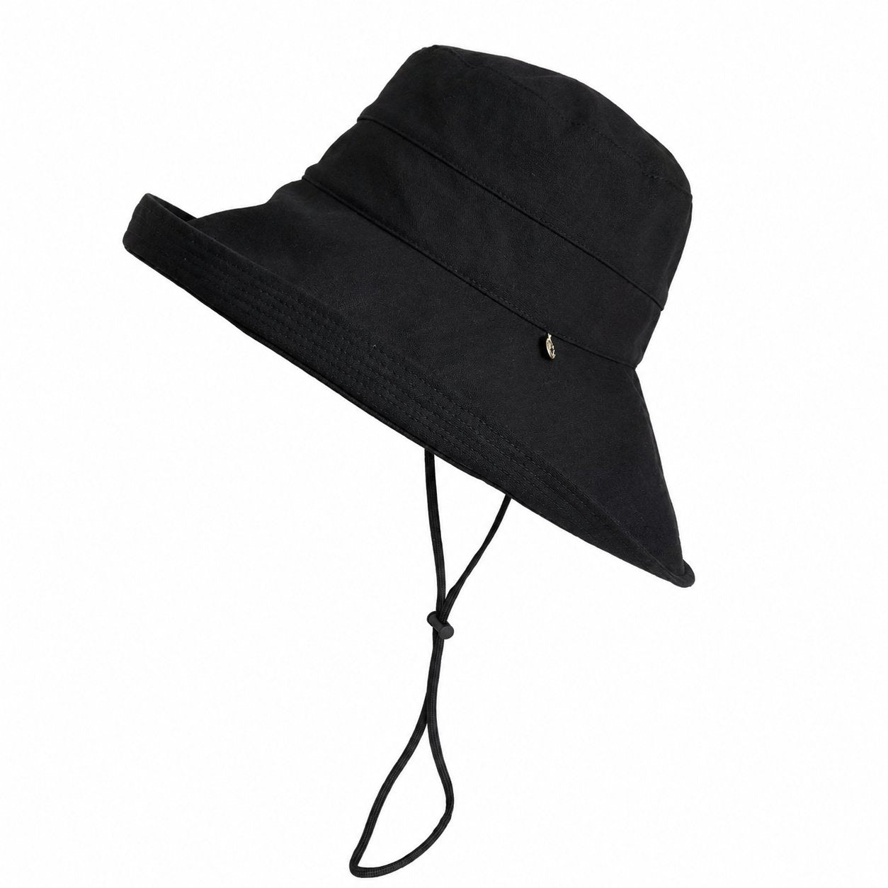 Black cotton bucket sun hat with adjustable chin strap, front view