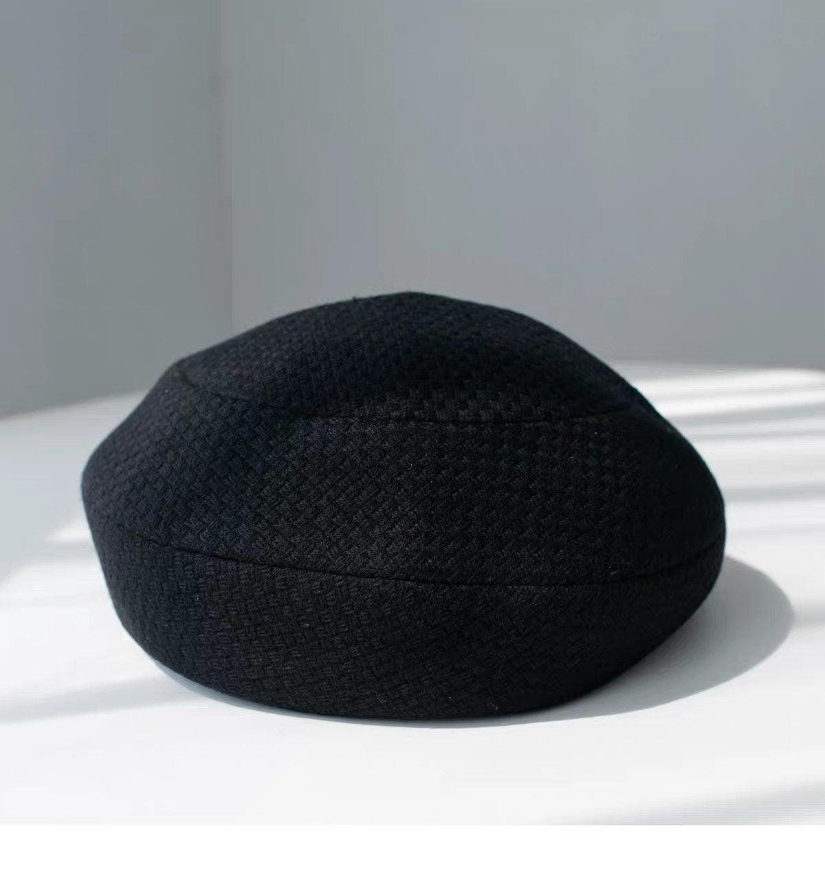 Black structured textured wool beret, product view