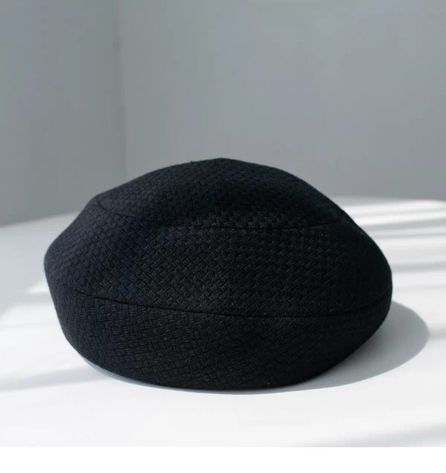 Black structured textured wool beret, product view