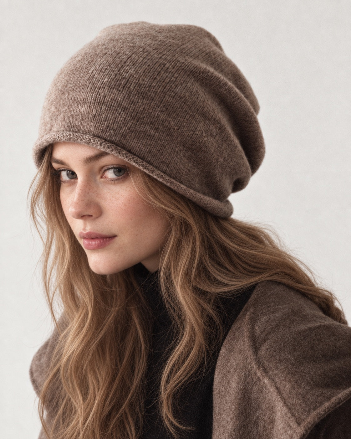 Woman wearing a camel wool slouchy beanie, front three-quarter view