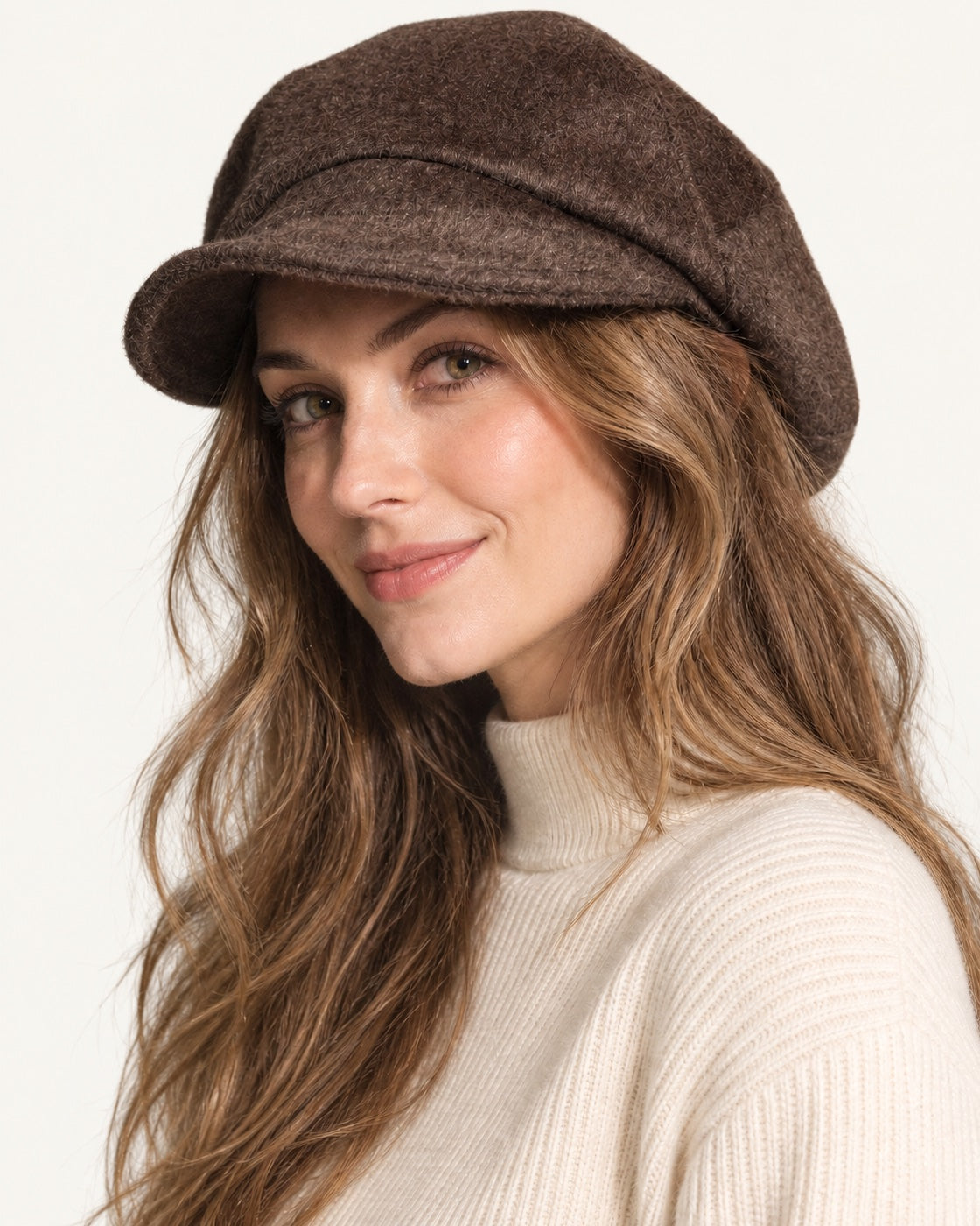 Coffee brown 100% wool 5-way cap worn by a smiling model, three-quarter view