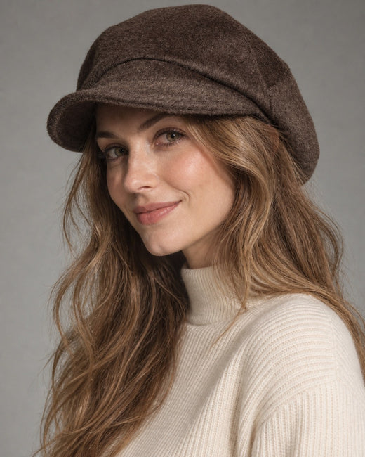 Coffee brown 100% wool 5-way cap worn by a smiling model, three-quarter view