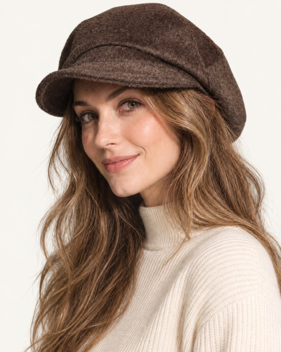 Coffee brown 100% wool 5-way cap worn by a smiling model, three-quarter view