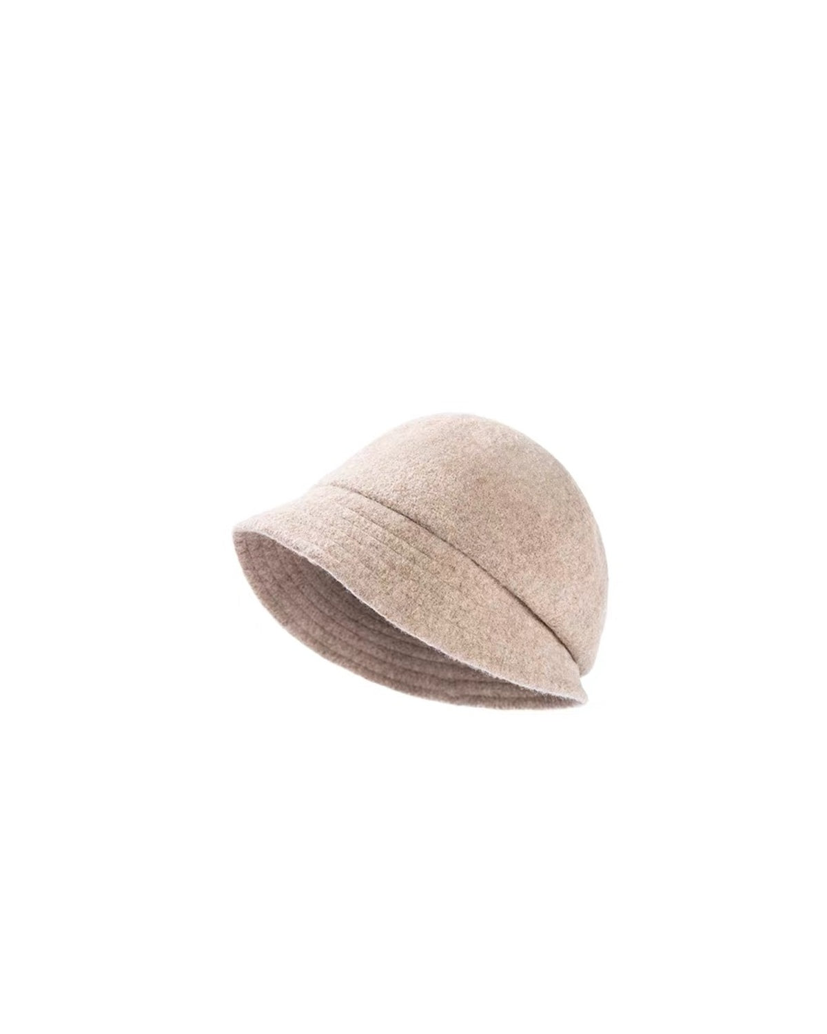 Taupe women’s wool cloche hat with a softly downturned stitched brim