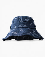 Navy feather-print cotton-linen bucket hat, front view