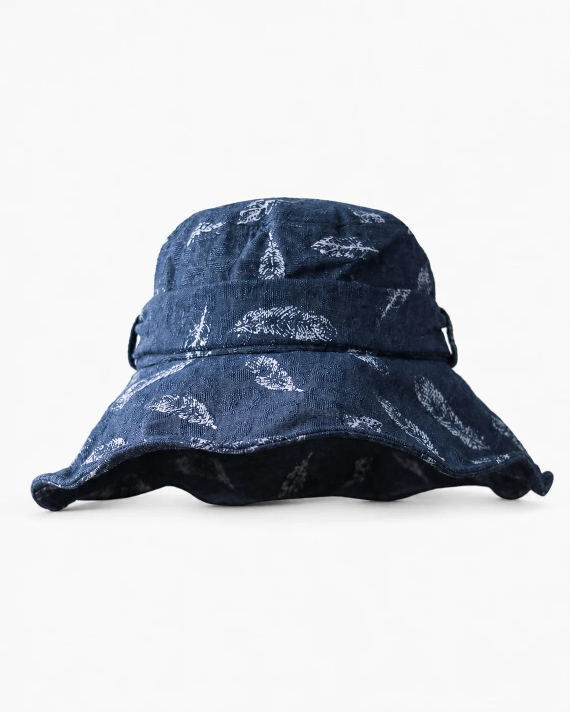 Navy feather-print cotton-linen bucket hat, front view