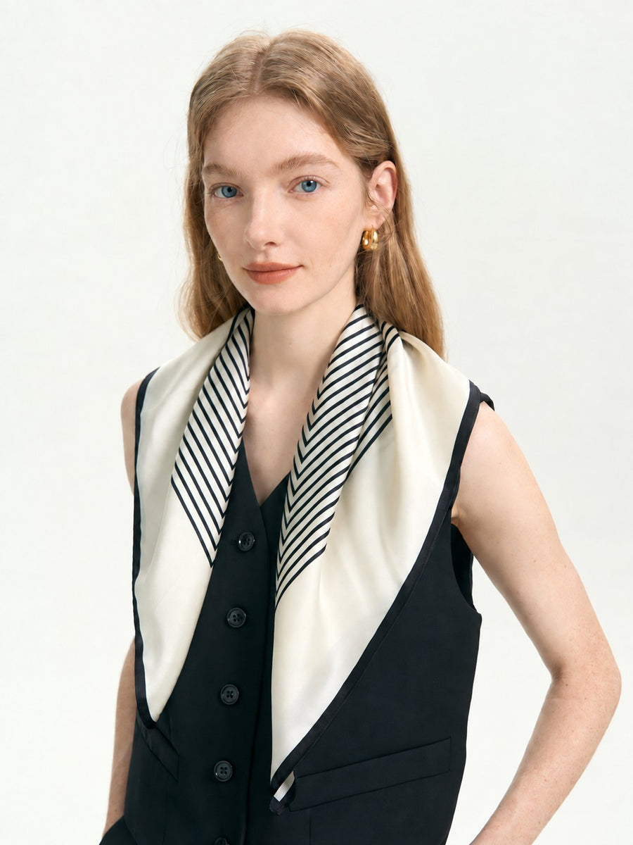 Simple Stripe 100% mulberry silk 65cm square scarf worn over a black vest