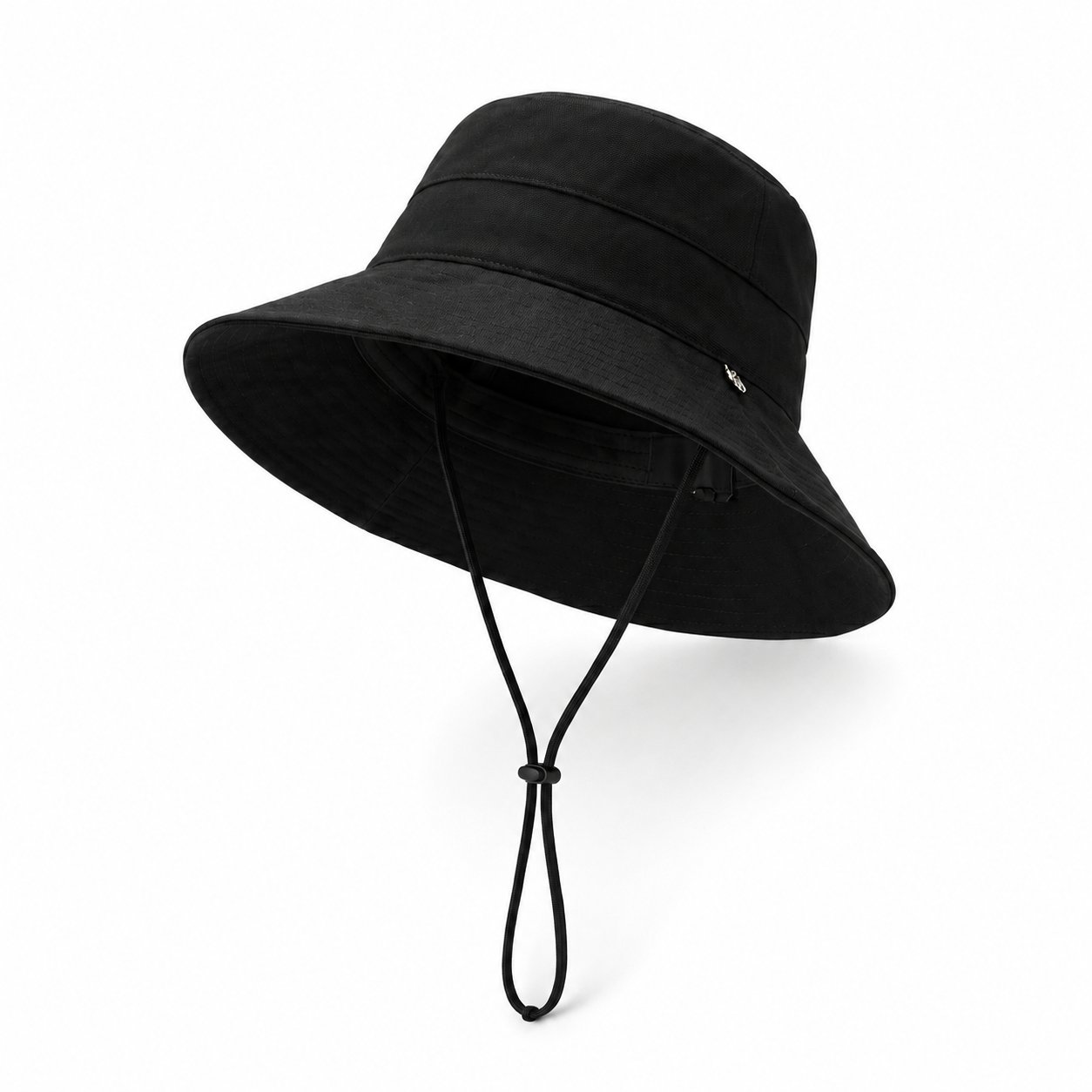 Black wide-brim drawstring bucket sun hat, angled view