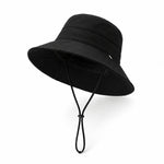 Black wide-brim drawstring bucket sun hat, angled view