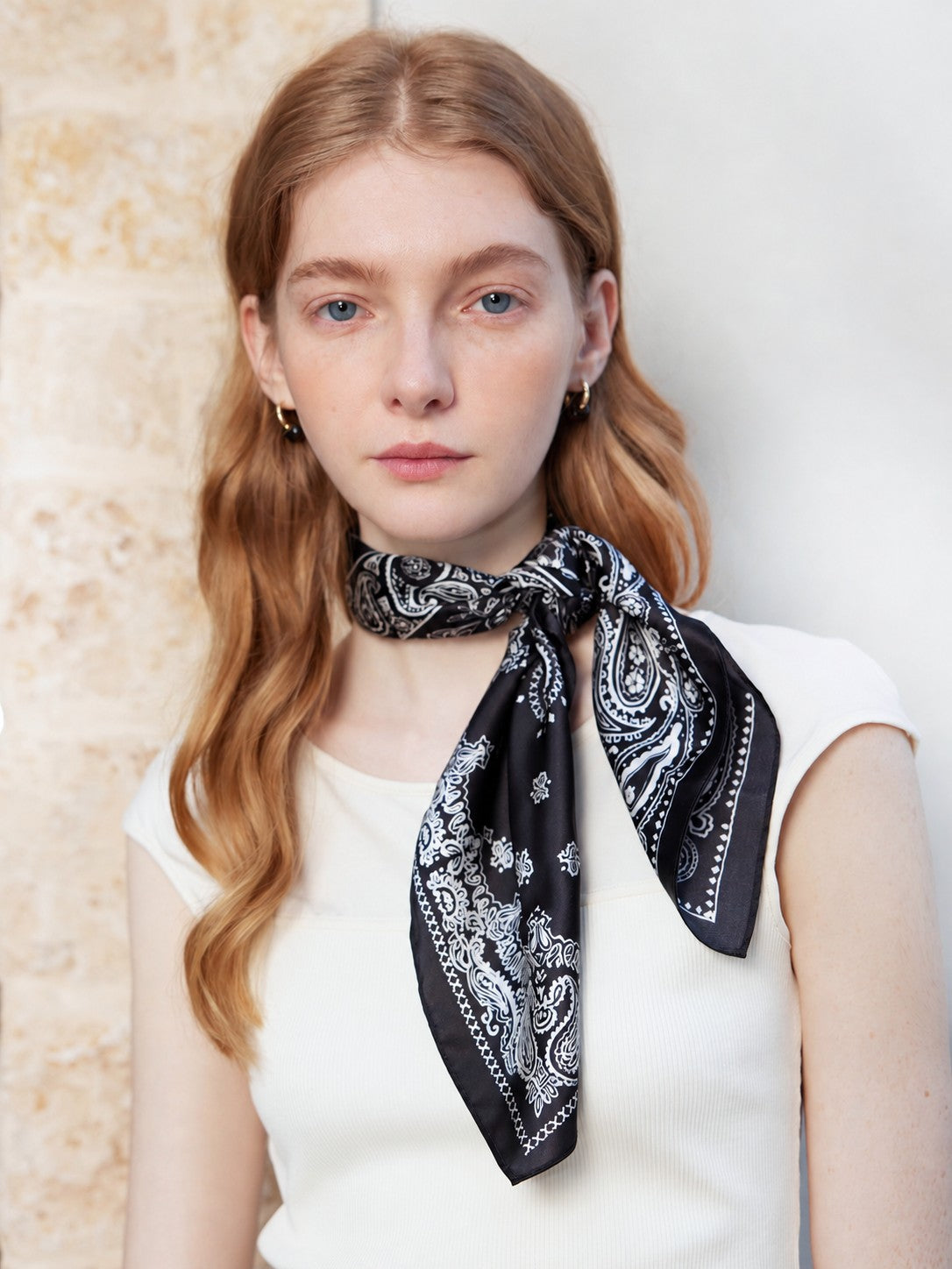 Black Paisley 100% mulberry silk 65cm square scarf knotted at the neck
