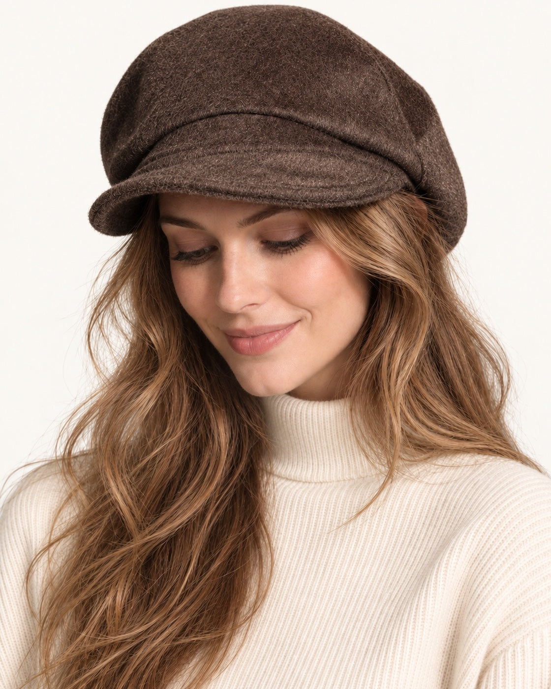 Coffee brown 100% wool 5-way cap worn by a smiling model, front view