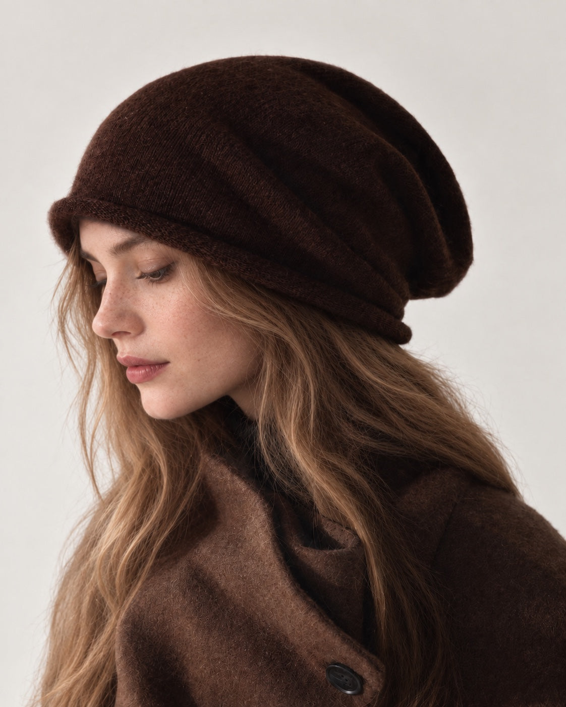 Coffee brown wool slouchy beanie worn by a woman in side profile