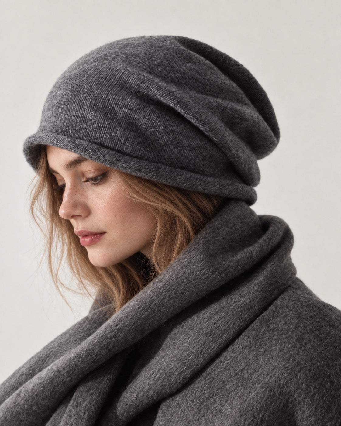 Gray wool slouchy beanie worn with a matching scarf