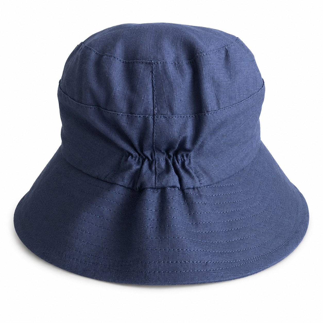 Navy cotton sun hat, back view with elastic gather