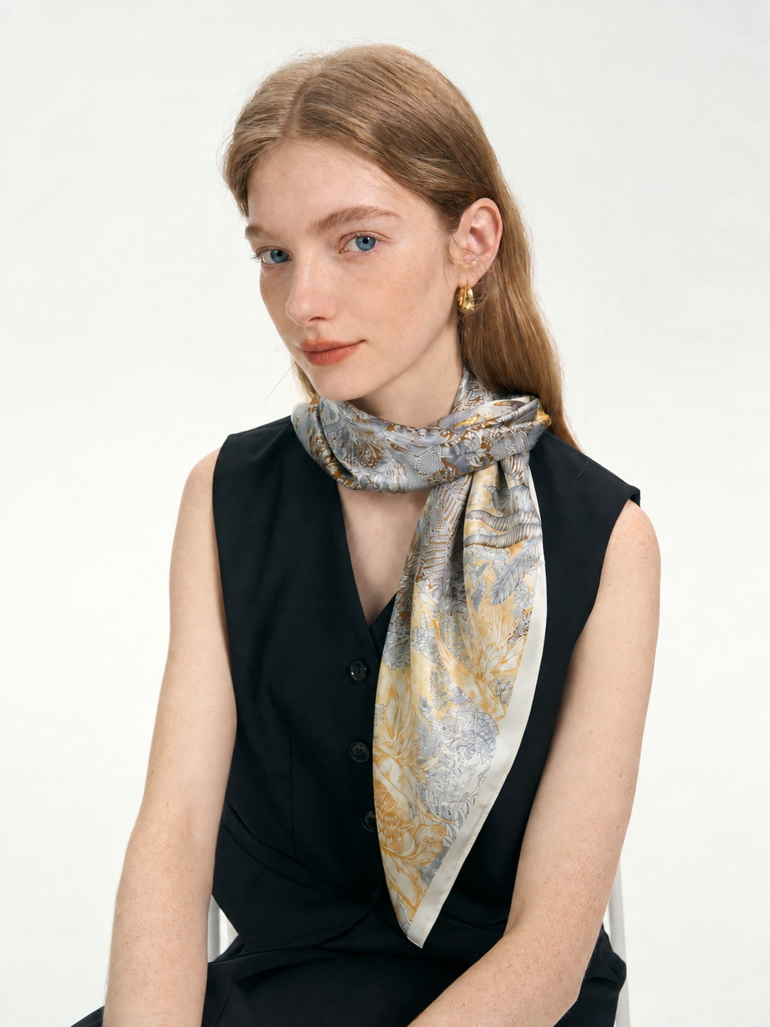 Rainforest 100% mulberry silk 65cm square scarf knotted at the neck
