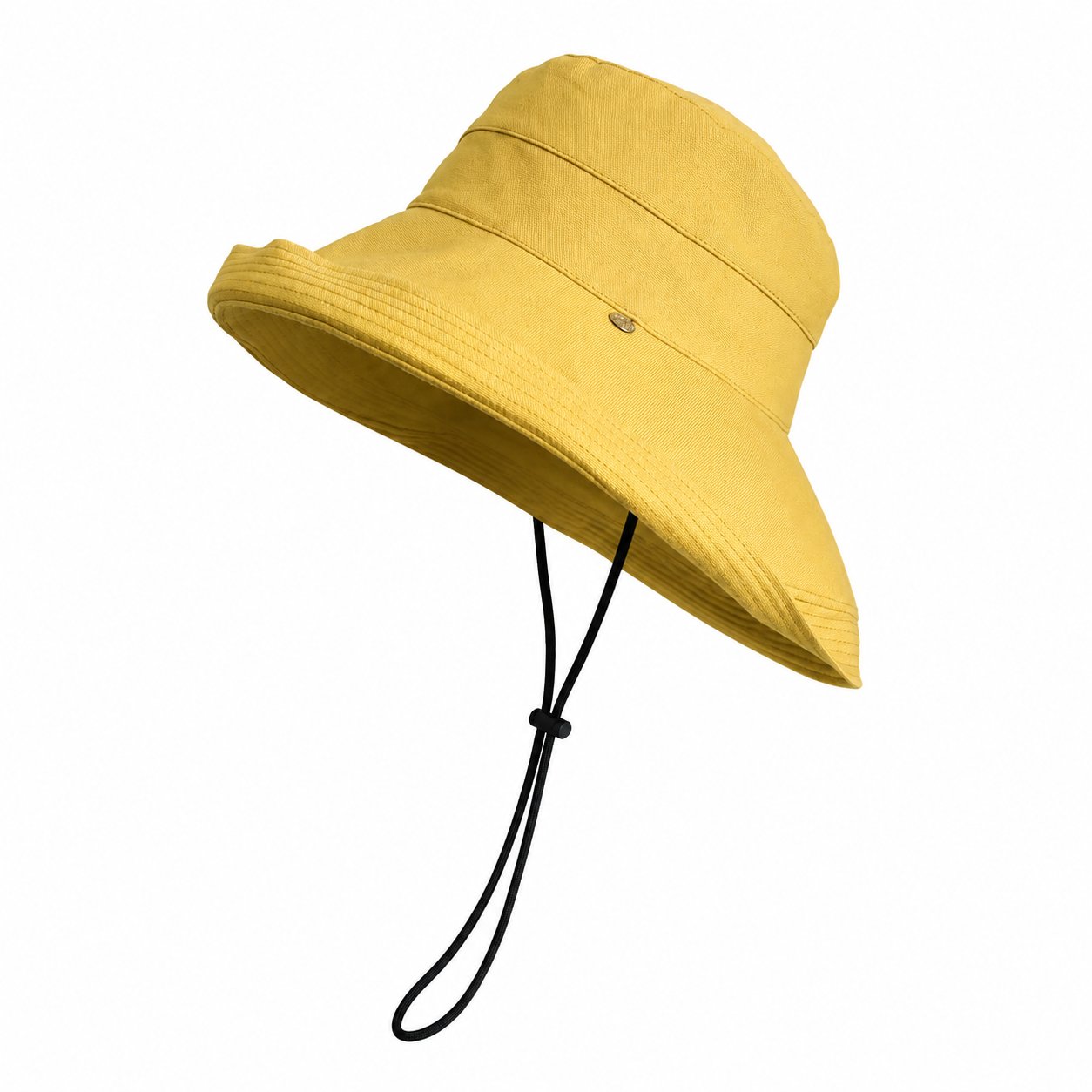 Yellow cotton bucket sun hat with adjustable chin strap, front view