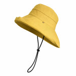 Yellow cotton bucket sun hat with adjustable chin strap, front view