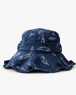 Navy feather-print cotton-linen bucket hat front