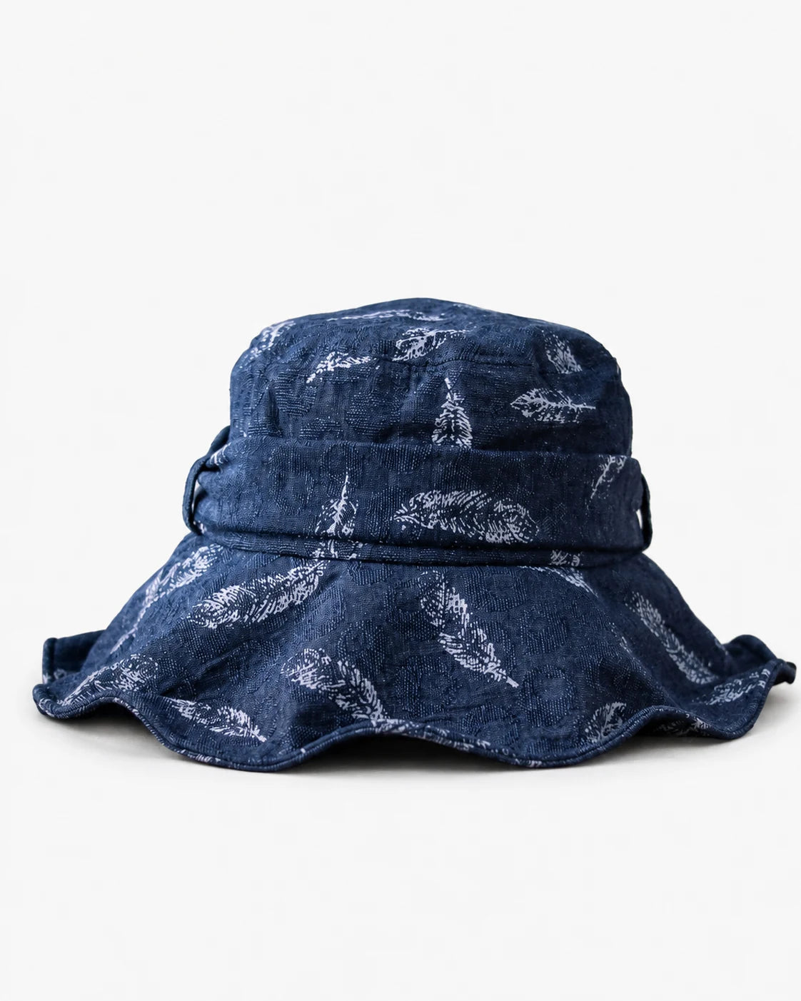 Navy feather-print cotton-linen bucket hat front