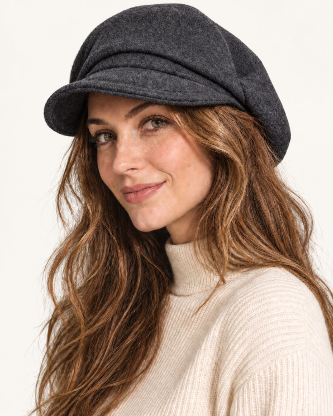 Dark gray 100% wool 5-way cap worn by a smiling model, front view