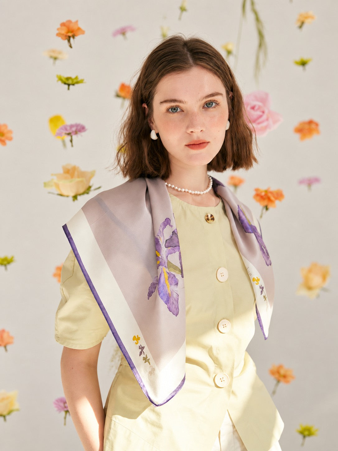 Purple Iris 100% mulberry silk 65cm square scarf worn over the shoulders