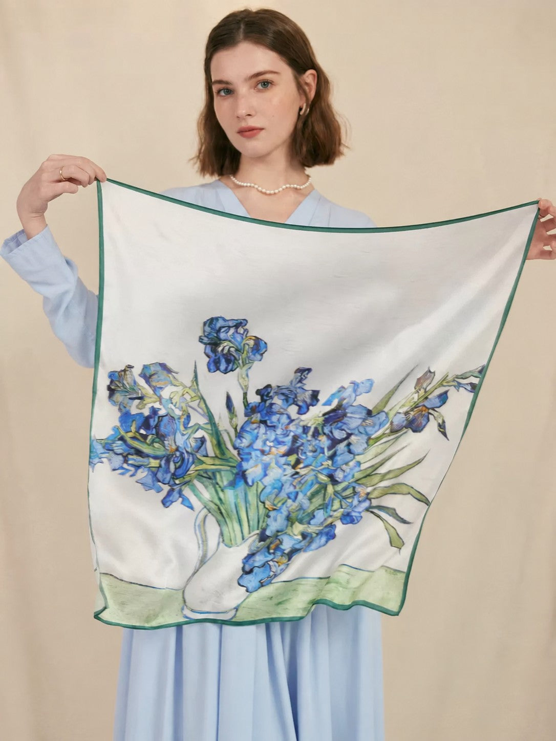 Blue Iris 100% mulberry silk 65cm square scarf shown open to display the floral print
