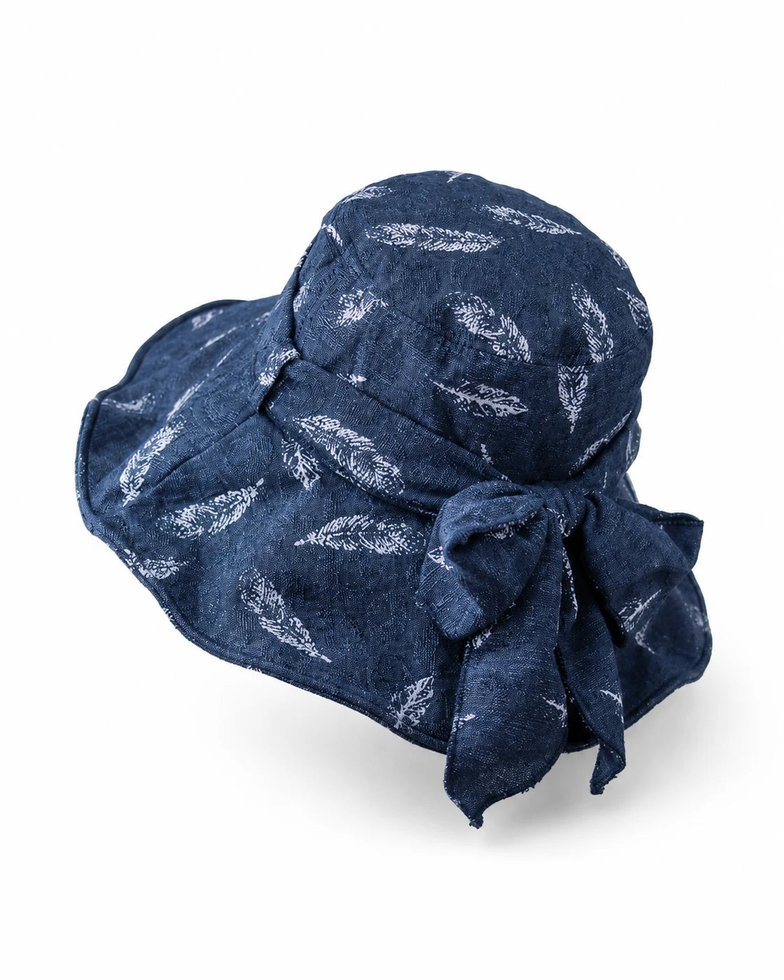 Navy feather-print bucket hat angled, bow detail