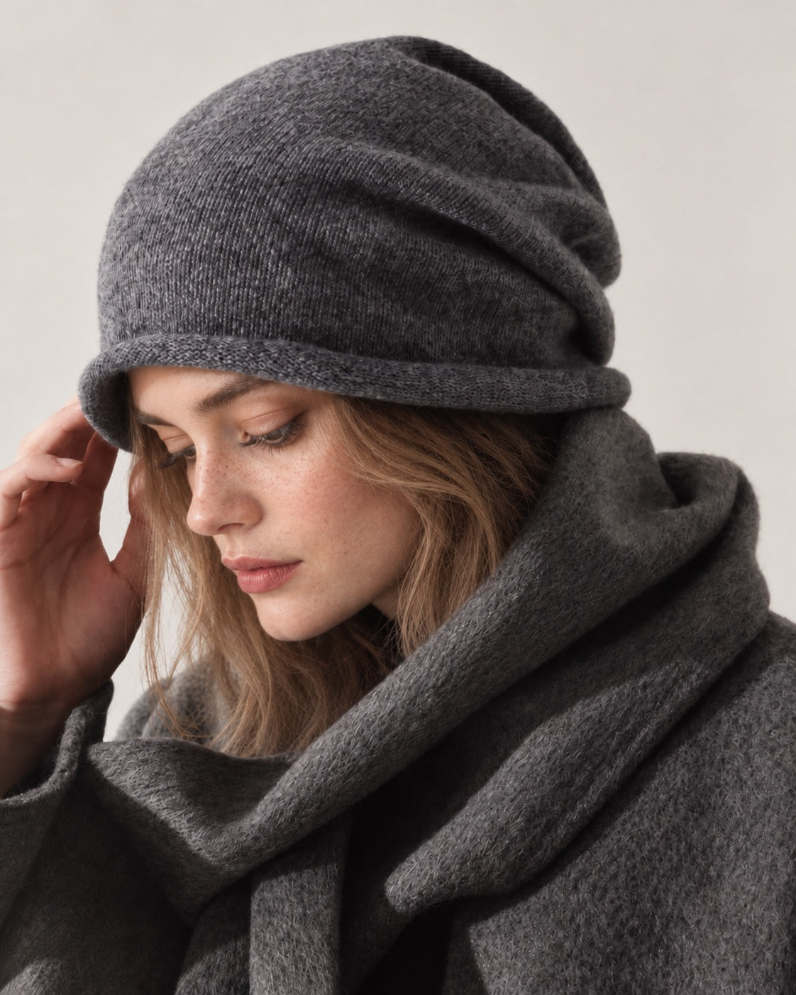 Close-up of a gray wool slouchy beanie with matching scarf