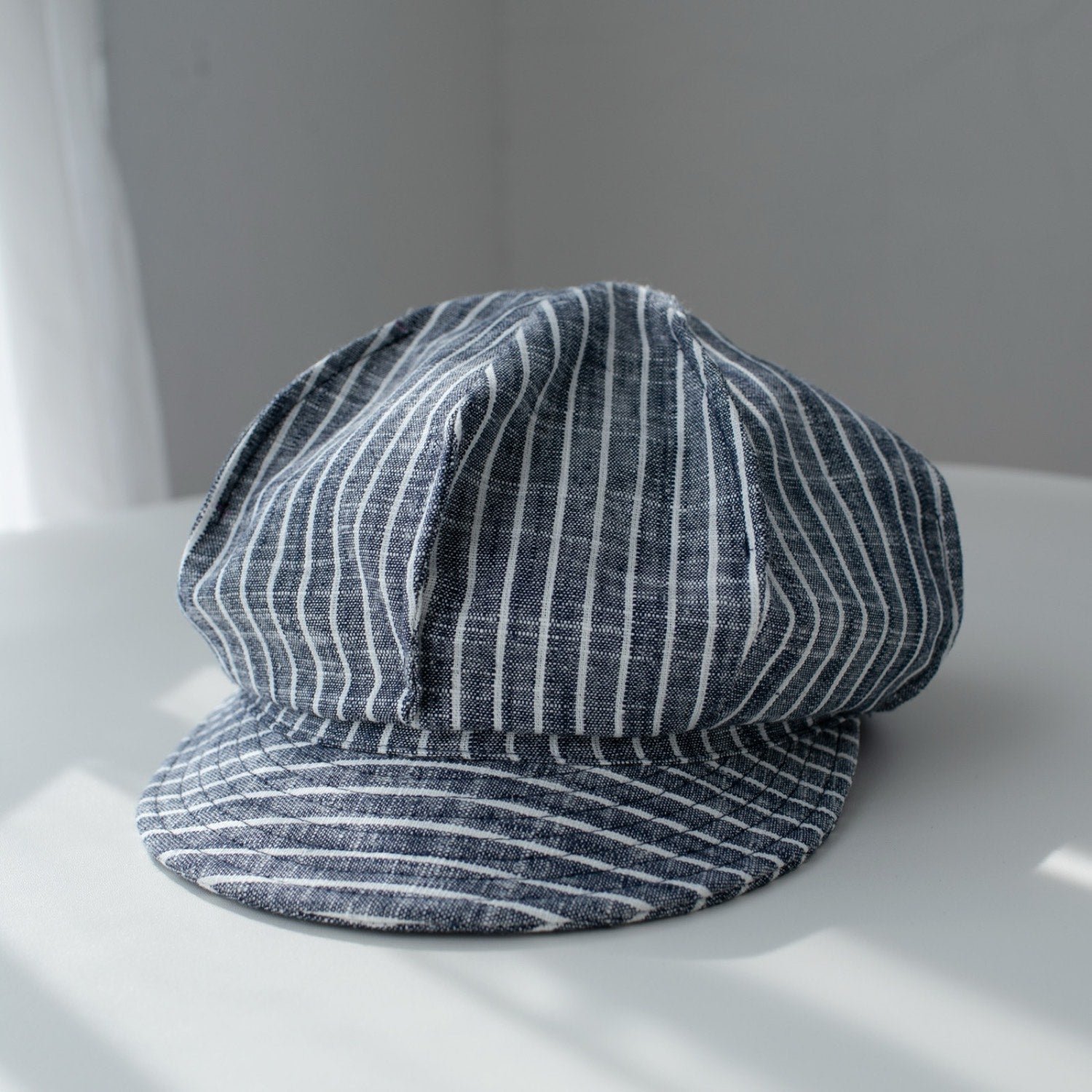 Blue striped linen 8-panel newsboy cap