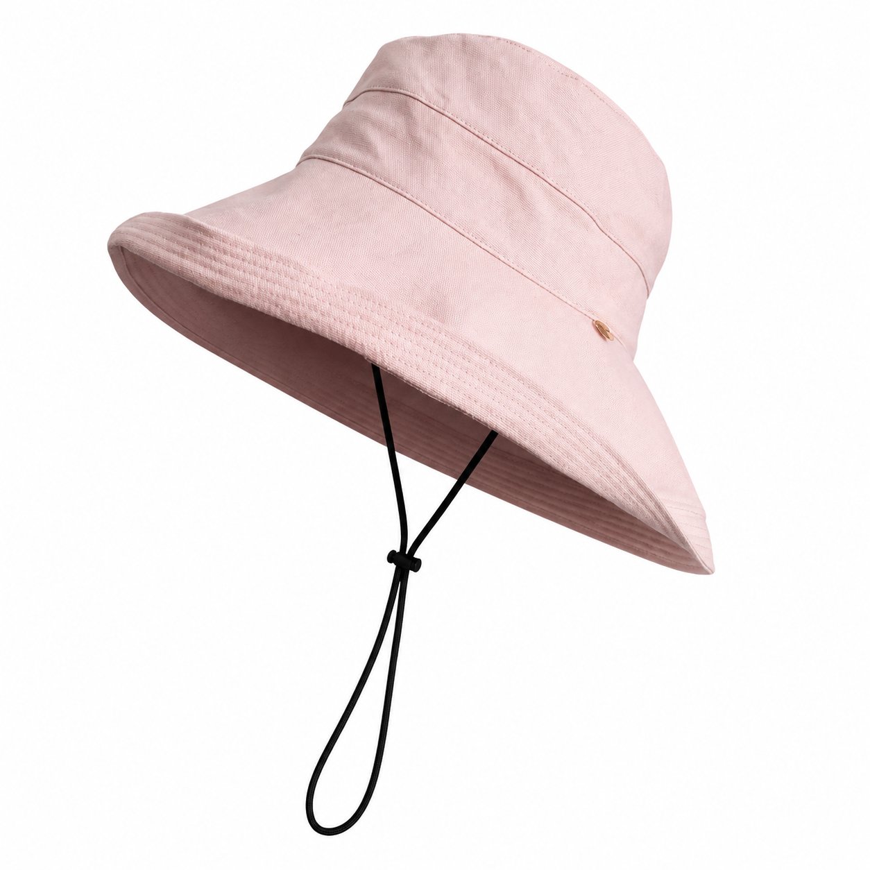 Pink cotton bucket sun hat with adjustable chin strap, front view