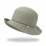 Sage green cotton bucket sun hat, angled view