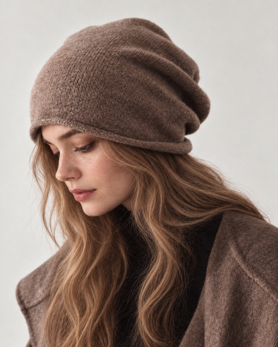 Camel wool slouchy beanie worn in a relaxed layered style