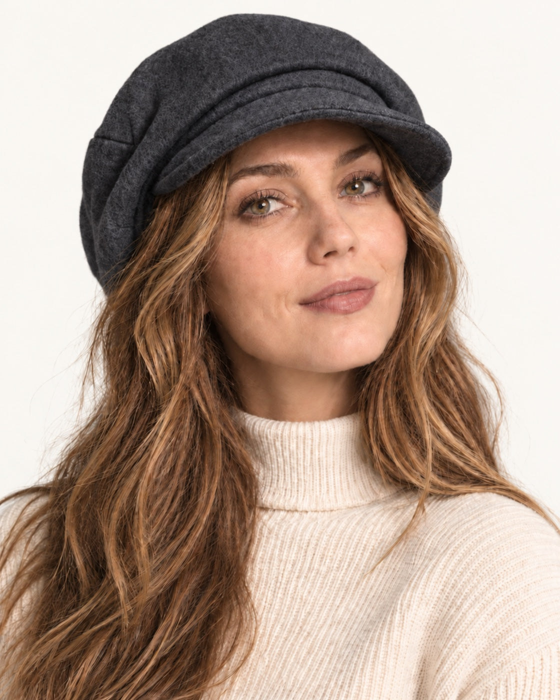 Dark gray 100% wool 5-way cap worn by a smiling model, slightly raised front view
