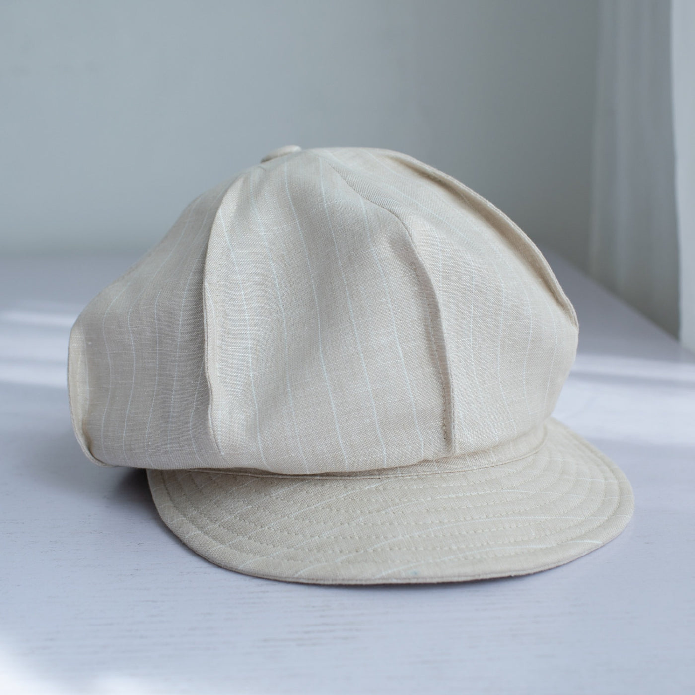 Beige striped linen 8-panel newsboy cap