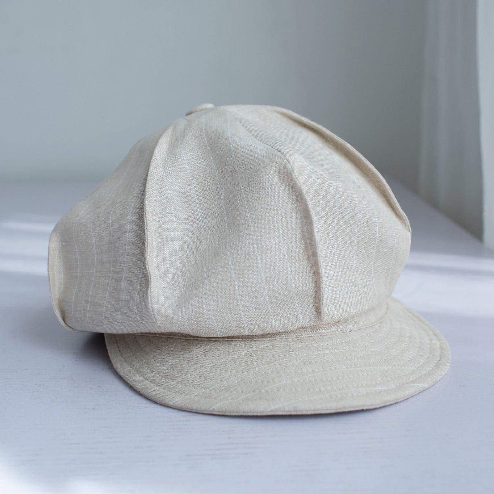 Beige striped linen 8-panel newsboy cap