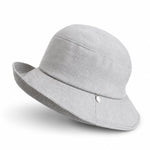 Light beige cotton bucket sun hat, angled view